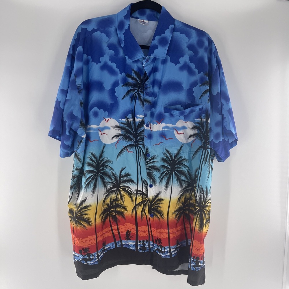 La Leela Hawaiian Shirt XXL Blue Tropical Sunset Palm Tree Button Up Mens